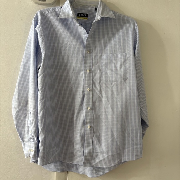 Chaps Mens 17 Button-Down Shirt Blue White Checkered Stretch Wrinkle Free Preppy - Picture 1 of 9